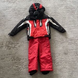 Trespass Red/Black/White Kids ski jacket size 3/4 and Rawik snow bib s/4